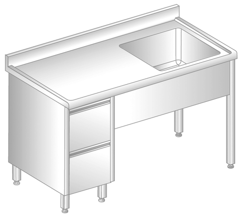 Stół ze zlewem i szufladami 1100x700x850 mm, z krawędzią antybryzgową | DORA METAL, DM-S-3012