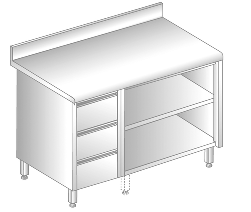 Stół z szafką otwartą i szufladami 1600x600x850 mm, z krawędzią antybryzgową | DORA METAL, DM-S-3129