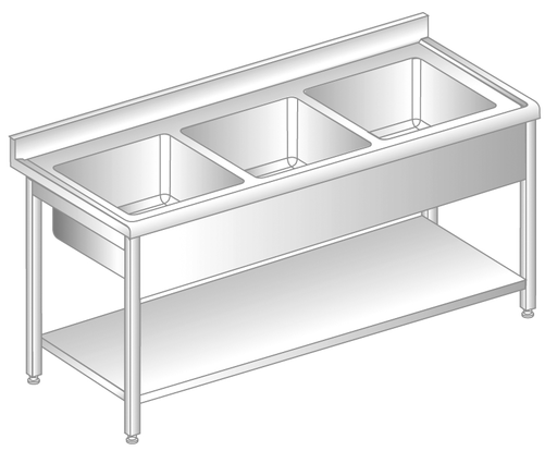 Stół z trzema zlewami i półką 1600x700x850 mm, z krawędzią antybryzgową | DORA METAL, DM-S-3227