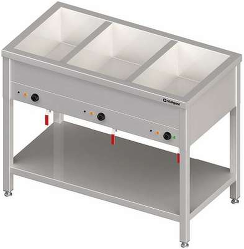Bemar stacjonarny z półką 3-komorowy 3x GN 1/1 200 mm, zawór spustowy, niezależne ogrzewanie, 2,55 kW, 1085x600x850 mm | STALGAST, 982256108