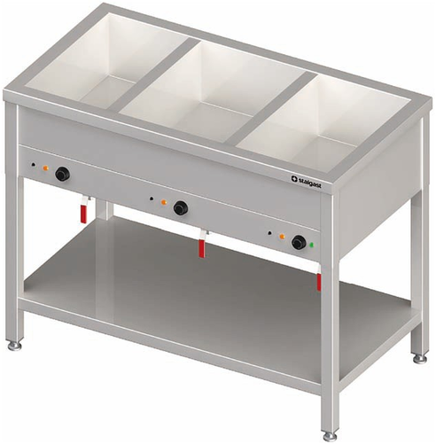 Bemar stacjonarny z półką 2-komorowy 2x GN 1/1 200 mm, zawór spustowy, niezależne ogrzewanie, 1,7 kW, 760x600x850 mm | STALGAST, 982256076