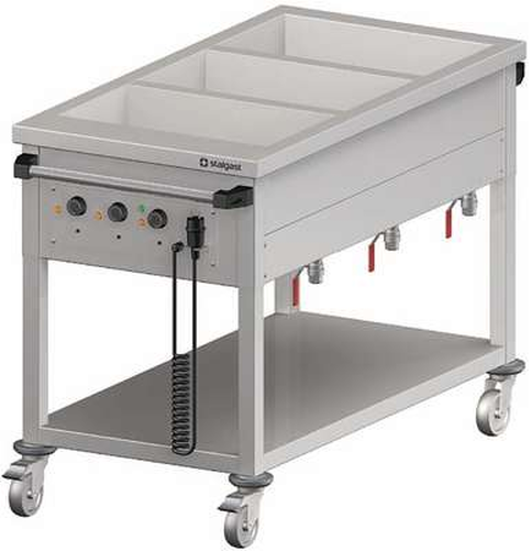 Bemar jezdny z półką 3-komorowy 3x GN 1/1 200 mm, zawór spustowy, niezależne ogrzewanie, 2,55 kW, 1205x600x850 mm | STALGAST, 982276126