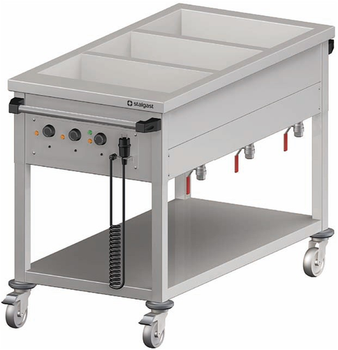 Bemar jezdny z półką 3-komorowy 3x GN 1/1 200 mm, zawór spustowy, niezależne ogrzewanie, 2,55 kW, 1205x600x850 mm | STALGAST, 982276126