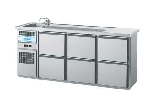 Barowy stół chłodniczy z 6 szufladami i zlewem 1-komorowym po prawej stronie, 0,44 kW, 2100x700x980 mm | RILLING, AGT M731R 81-2/2/2