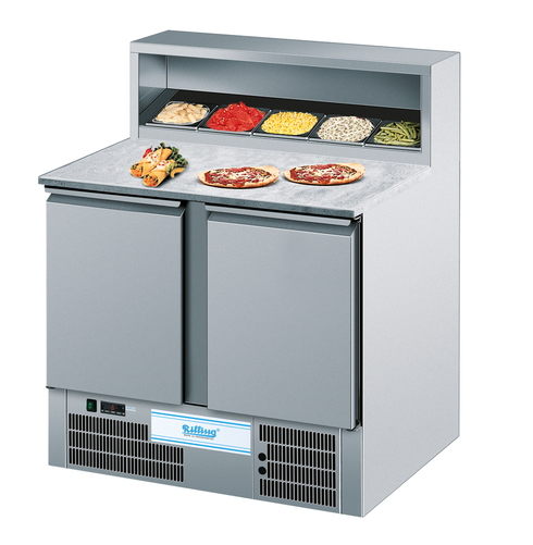 Stół chłodniczy do pizzy 2-drzwiowy, z blatem granitowym, z nadstawką nierdzewną i wycięciem na pojemniki GN, 0,32 kW, 950x680x830(1120) mm | RILLING, BR95