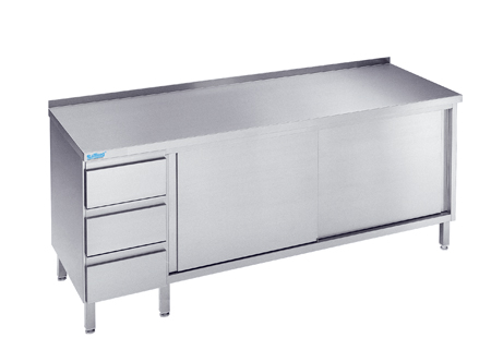 Stół roboczy przyścienny z rantem, blokiem 3 szuflad po lewej stronie i szafką z drzwiami suwanymi, 1600x700x850(900) mm | RILLING, ASS 0716C S3L0