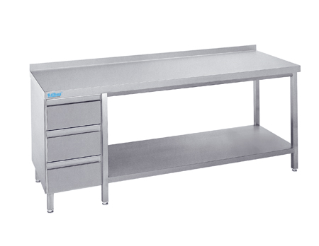 Stół roboczy przyścienny z rantem i blokiem 3 szuflad po lewej stronie, 1000x700x850(900) mm | RILLING, ATZ 0710C S3L0