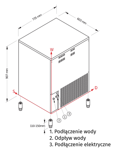 Kostkarka do lodu typu full cube 88 kg/24 h, pojemność zasobnika 40 kg, chłodzona powietrzem z pompą spustową, 0,8 kW, 735x603x910 mm | NTF, SL 180 A DP