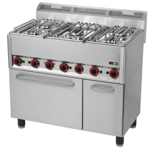 Kuchnia gazowa 5-palnikowa z piekarnikiem elektrycznym z termoobiegiem GN 1/1, 23.06 kW, 990x600x860 mm,inox | REDFOX, Linia 600, SPT90/5GL
