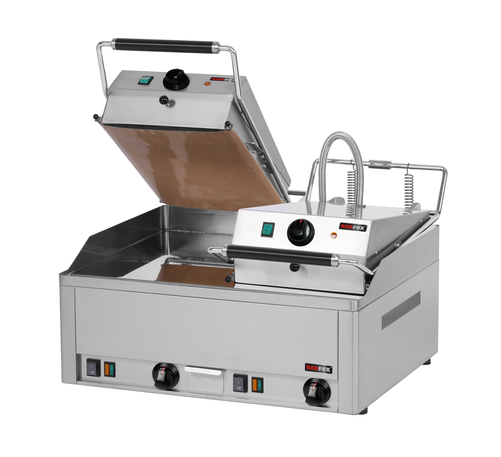 Grill do steków elektryczny ze stali chromowanej, 2 strefy grzewcze 2 płyty górne, nastawny, 12 kW, 660x680x400 mm, inox | REDFOX, KD-66ED