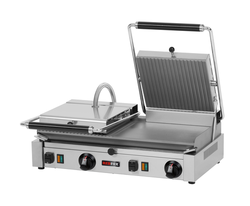 Grill kontaktowy elektryczny ze stali nierdzewnej, gładki, ryflowany, nastawny, 6 kW, 614x405x182 mm, inox | REDFOX, PD-2020M