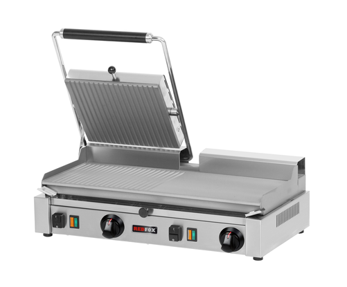 Grill kontaktowy elektryczny ze stali nierdzewnej, ryflowany, 1 płyta górna z lewej strony, nastawny, 4,2 kW, 614x405x182 mm, inox | REDFOX, PD-2020RSL