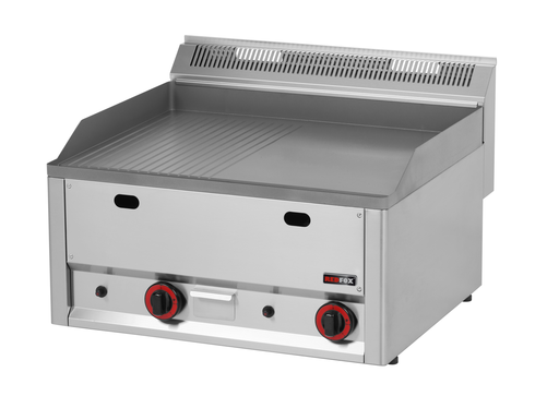 Płyta grillowa gazowa, ze stali nierdzewnej, 1/2 gładka, 1/2 ryflowana, żeliwna, nastawna, 8 kW, 660x600x290 mm, inox | REDFOX, Linia 600, FTHR60GL