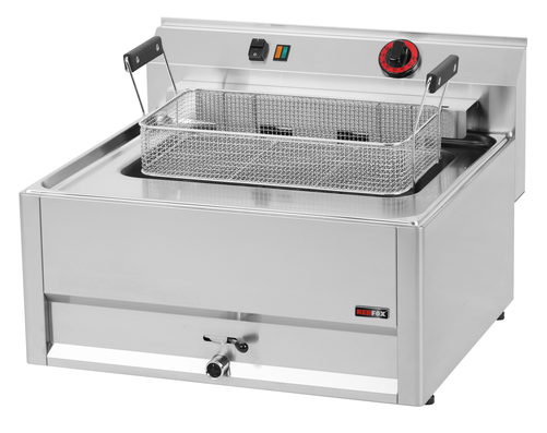 Frytownica elektryczna jednokomorowa, 16 l z kranem spustowym, nastawna, 9 kW, 400 V, 660x600x290 mm | REDFOX, Linia 600, FE66ELT