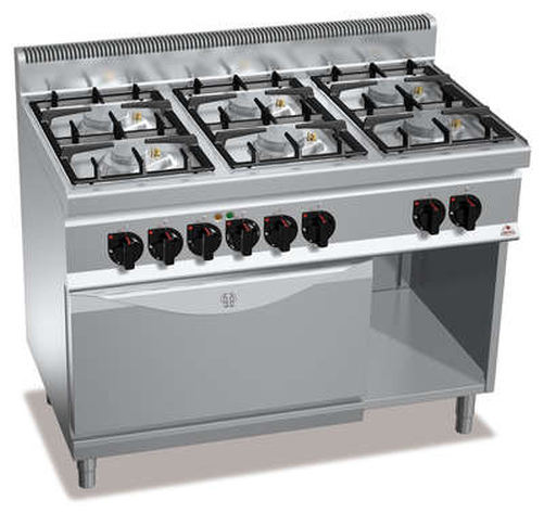 Kuchnia gazowa 6-palnikowa z piekarnikiem elektrycznym statycznym GN 2/1 i szafką, 41 kW, 1200x700x900 mm | BERTO'S, Macros 700, Eco Power, G7F6PW+FE