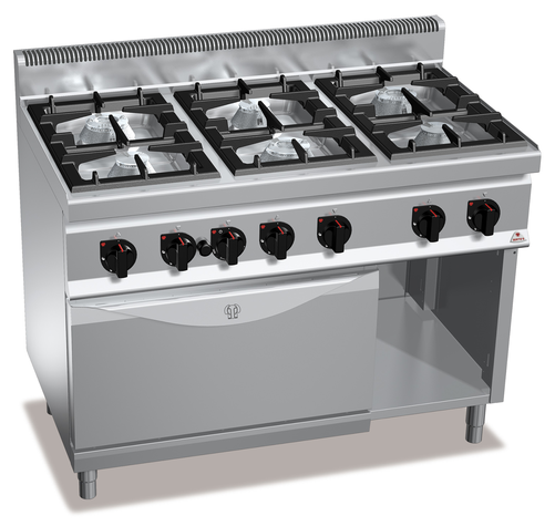 Kuchnia gazowa 6-palnikowa z piekarnikiem gazowym GN 2/1 i szafką, 49,8 kW, 1200x700x900 mm | BERTO'S, Macros 700, Max-Power, G7F6P+FG
