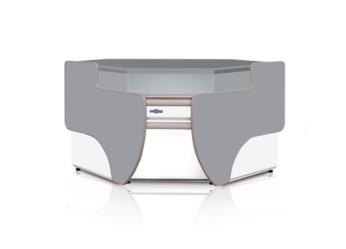 Przystawka kasowa narożna wewnętrzna z blatem z płyty laminowanej, podświetlanym plafonem dolnym, 1180x1180 mm | RAPA, P-C NW/90