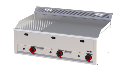 Płyta grillowa gazowa, ze stali nierdzewnej, 2/3 gładka, 1/3 ryflowana, nastawna, 12 kW, 990x600x290 mm, inox | REDFOX, Linia 600, FTHR90GL