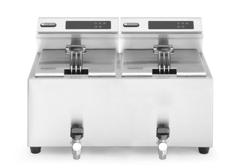 Frytownica elektryczna dwukomorowa 2x 8 l z kranem spustowym i panelem cyfrowym, nastolna, 7 kW, 605x515x345 mm | HENDI, Mastercook