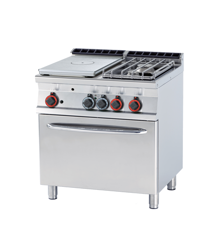 Kuchnia gazowa żeliwna 2-płytowa z piekarnikiem elektrycznym GN 2/1, 25 kW, 800x700x900 mm, 400 V, inox | RMGASTRO, TPF2-78 GE/P