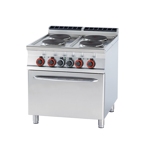 Kuchnia elektryczna 4-palnikowa z piekarnikiem elektrycznym GN 2/1, 20,7 kW, 400V, inox, czarna | RMGASTRO, CF4-98 ET