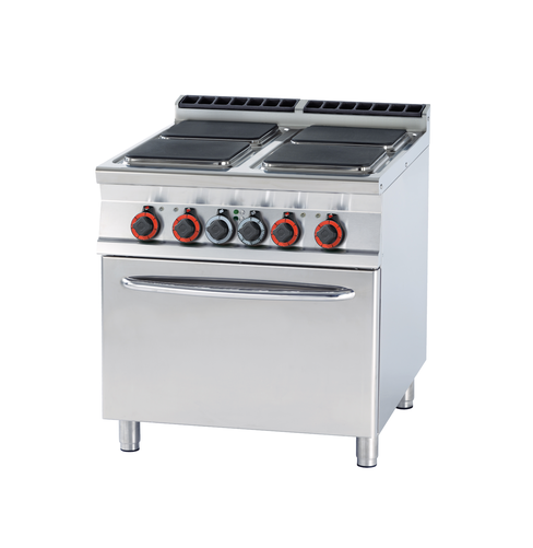 Kuchnia elektryczna 4-palnikowa z piekarnikiem elektrycznym GN 2/1, 22,7 kW, 800x900x900 mm, 400 V, inox, czarny | RMGASTRO, CFQ4-98 ET