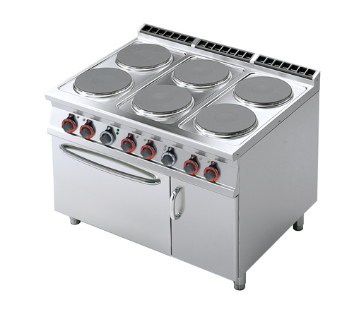 Kuchnia elektryczna 6-palnikowa z piekarnikiem elektrycznym GN 2/1 i szafką, 27,7 kW, 400V, inox, czarna | RMGASTRO, CF6-912 ETV