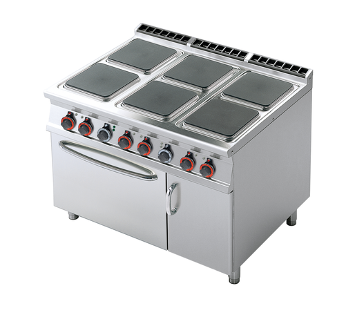 Kuchnia elektryczna 6-palnikowa z piekarnikiem elektrycznym GN 2/1 i szafką, 30,7 kW, 1200x900x900 mm, 400 V, inox, czarny | RMGASTRO, CFQ6-912 ETV