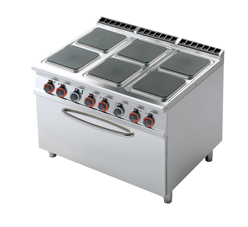 Kuchnia elektryczna 6-palnikowa z piekarnikiem elektrycznym 3x GN 1/1, 33.2 kW, 1200x900x900 mm, 400 V, inox, czarny | RMGASTRO, CFQ6-912 ETV