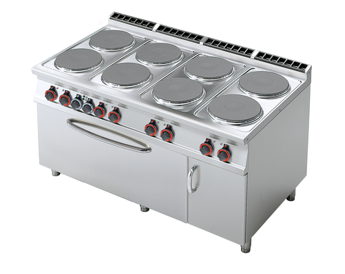 Kuchnia elektryczna 8-palnikowa z piekarnikiem elektrycznym 3x GN 1/1 i szafką, 37,2 kW, 1600x900x900 mm, 400V, inox, czarna | RMGASTRO, CF8-916 ETV