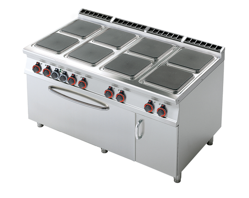 Kuchnia elektryczna 8-palnikowa z piekarnikiem elektrycznym 3x GN 1/1 i szafką, 41.2 kW, 1600x900x900 mm, 400 V, inox, czarny | RMGASTRO, CFQ8-916 ETV