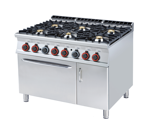 Kuchnia gazowa 6-palnikowa z piekarnikiem gazowym GN 2/1 i szafką, 53,5 kW, 1200x900x900 mm, inox | RMGASTRO, CF6-912 GV