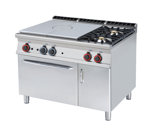 Kuchnia żeliwna gazowa 2-palnikowa z piekarnikiem elektrycznym i szafką, 35,7 kW, 1200x900x900 mm, inox, czarna | RMGASTRO, TPF2-912 GEV