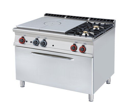 Kuchnia żeliwna gazowa 2-palnikowa z piekarnikiem elektrycznym, 34.32 kW, 1200x900x900 mm, inox, czarna | RMGASTRO, TPF2-912 GEV