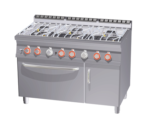 Kuchnia wodna gazowa 6-palnikowa z piekarnikiem gazowym GN 2/1 i szafką, 49,3 kW, 1200x700x900 mm, inox | RMGASTRO, CFA6-712 GPV